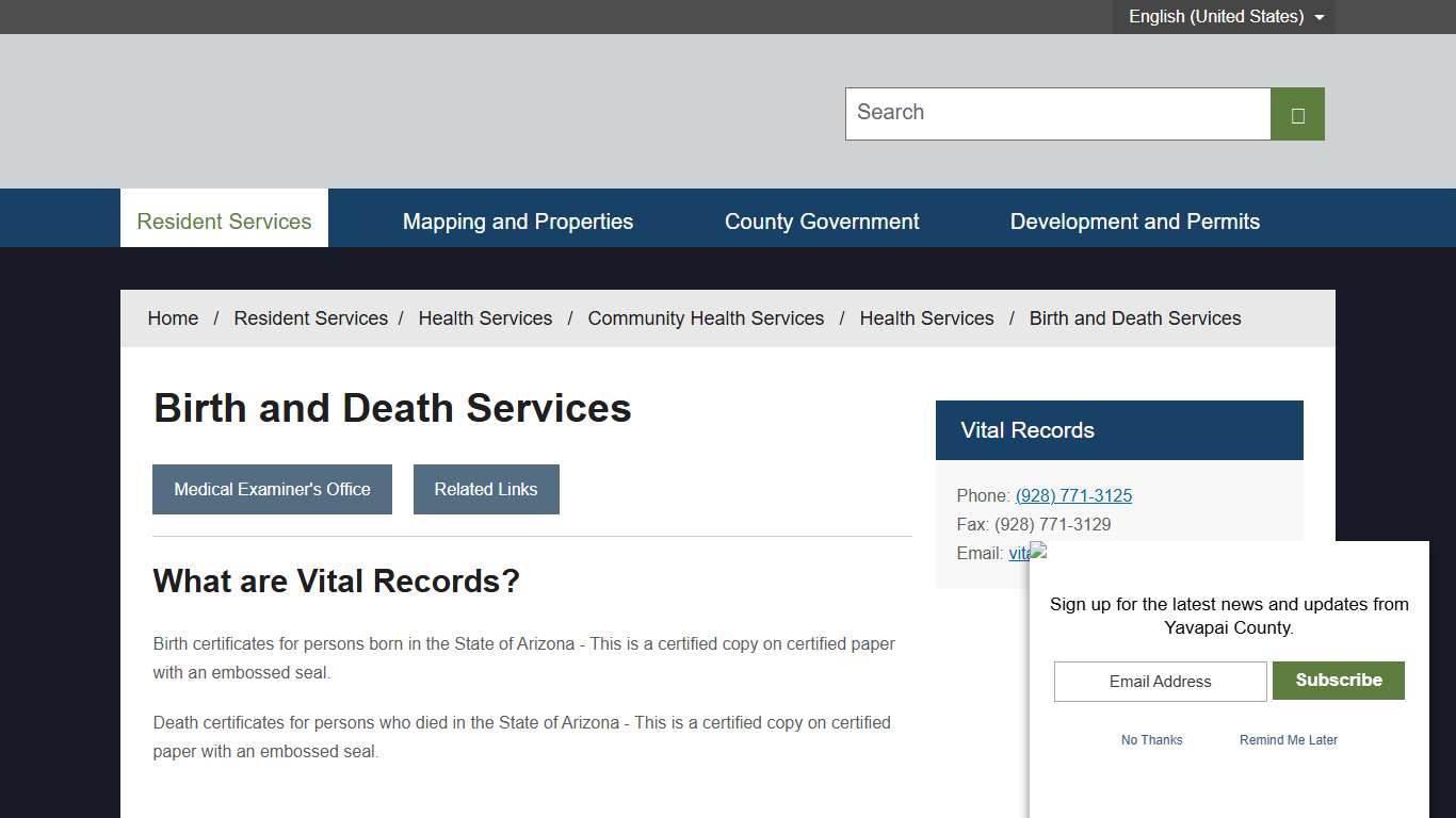 Birth and Death Services - Yavapai, AZ