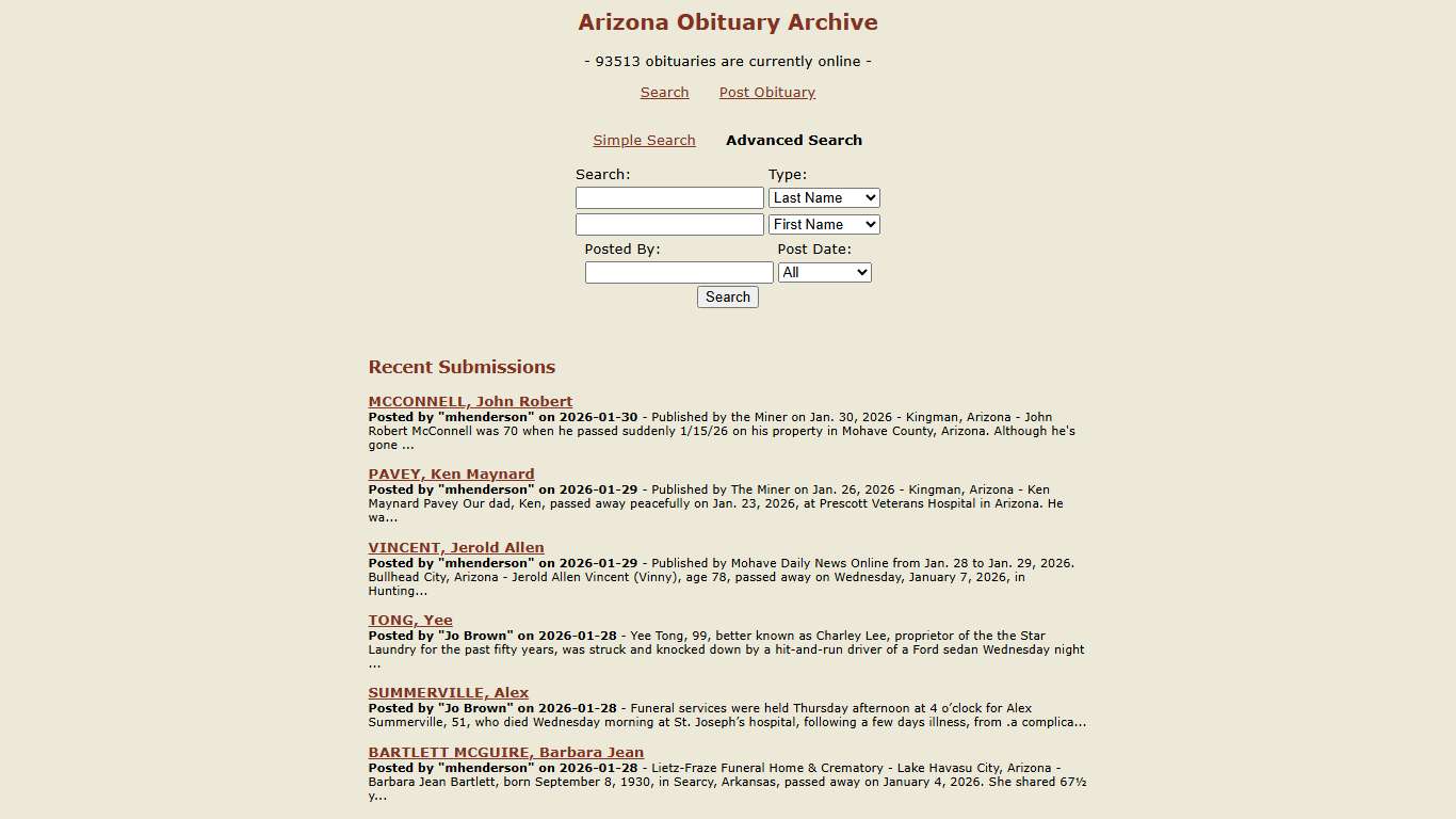 Arizona Obituary Directory