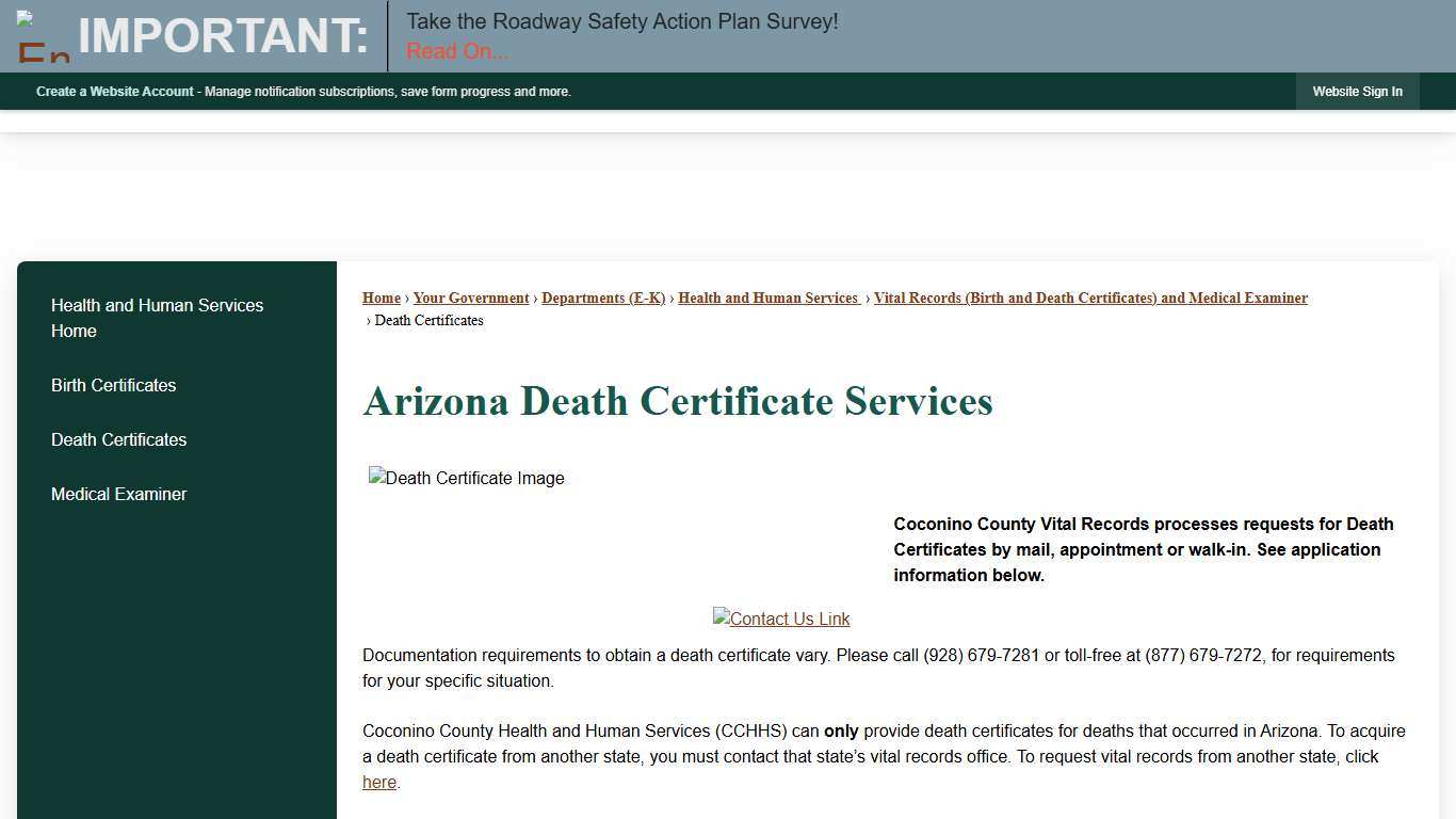 Arizona Death Certificate Services Coconino